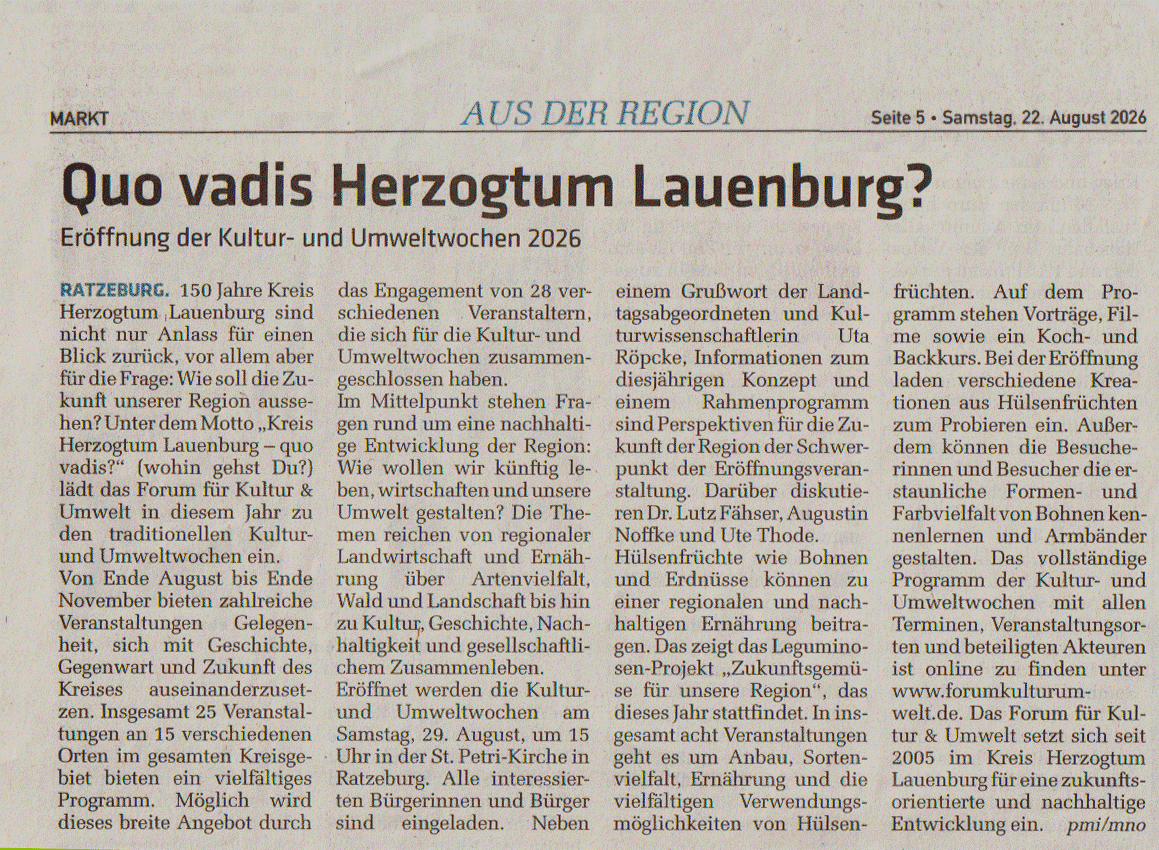 Markt Mölln Ratzeburg Pressebericht vom 22.08.2026 über die Veranstaltungen des Forums